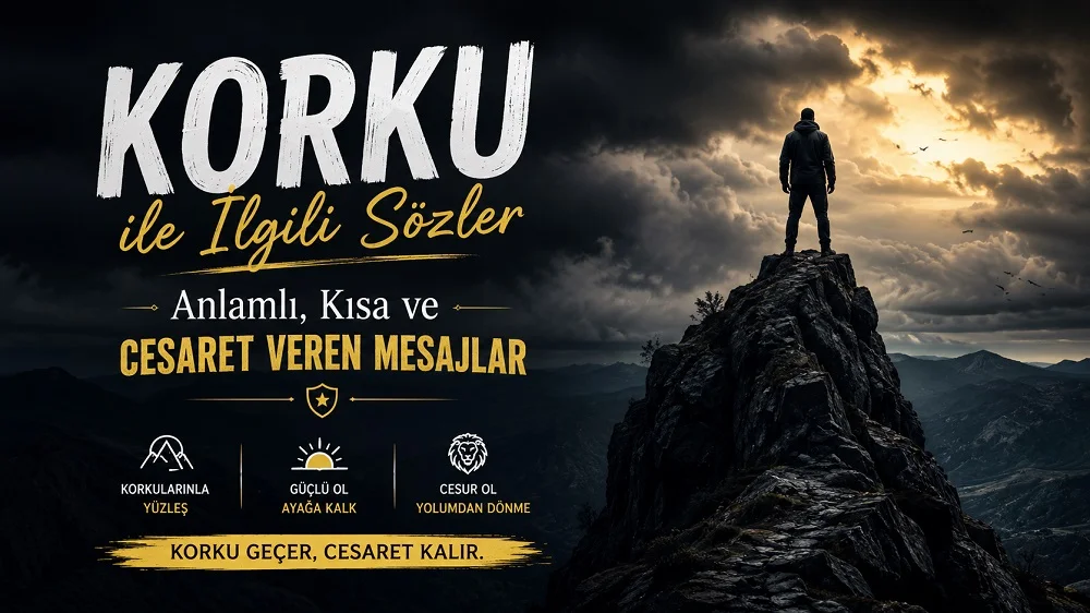 Fırtınalı ve karanlık bir dağ manzarasında kayalık zirvede duran yalnız bir kişi görülüyor; görselde “Korku ile İlgili Sözler Anlamlı, Kısa ve Cesaret Veren Mesajlar” yazısı yer alıyor.
