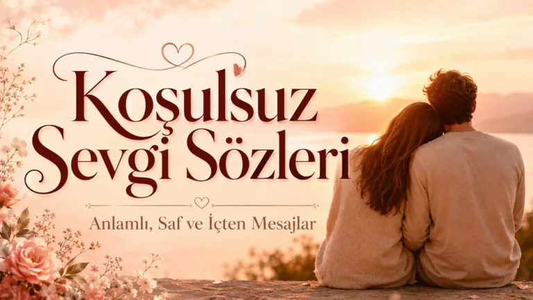 Gün batımı manzarasında yan yana oturan çift, kalp detayları ve zarif tipografiyle hazırlanmış “Koşulsuz Sevgi Sözleri: Anlamlı, Saf ve İçten Mesajlar” başlıklı romantik kapak görseli.