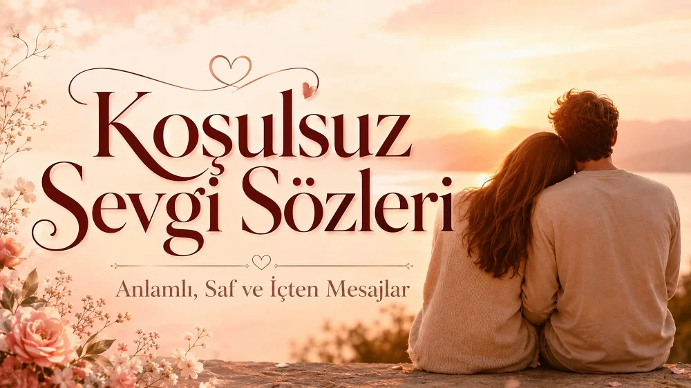 Gün batımı manzarasında yan yana oturan çift, kalp detayları ve zarif tipografiyle hazırlanmış “Koşulsuz Sevgi Sözleri: Anlamlı, Saf ve İçten Mesajlar” başlıklı romantik kapak görseli.