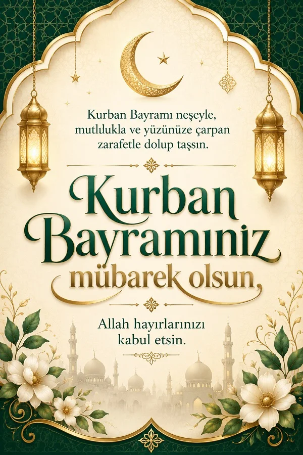 Hilal, altın fenerler, beyaz çiçekler ve cami silüeti eşliğinde “Kurban Bayramınız mübarek olsun, Allah hayırlarınızı kabul etsin.” mesajının yer aldığı bayram kartı.