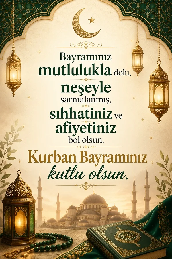 Yeşil detaylı arka plan, altın fenerler, hilal, tesbih, Kur’an-ı Kerim ve cami silüeti bulunan görselde “Bayramınız mutlulukla dolu, neşeyle sarmalanmış, sıhhatiniz ve afiyetiniz bol olsun. Kurban Bayramınız kutlu olsun.” mesajı yazılıdır.