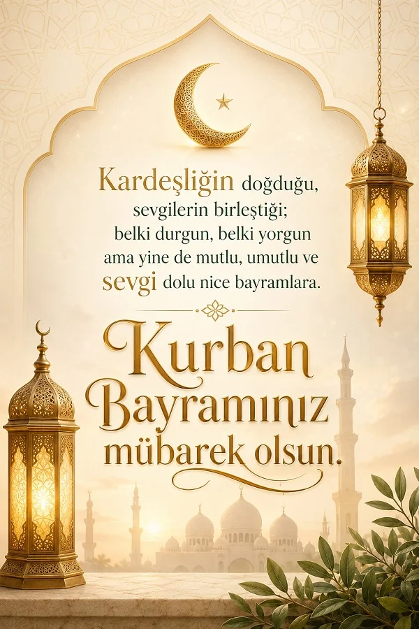 Altın fenerler, hilal motifi, yaprak süslemeleri ve arka planda cami bulunan tasarımda “Kardeşliğin doğduğu, sevgilerin birleştiği; belki durgun, belki yorgun ama yine de mutlu, umutlu ve sevgi dolu nice bayramlara. Kurban Bayramınız mübarek olsun.” mesajı yer alıyor.