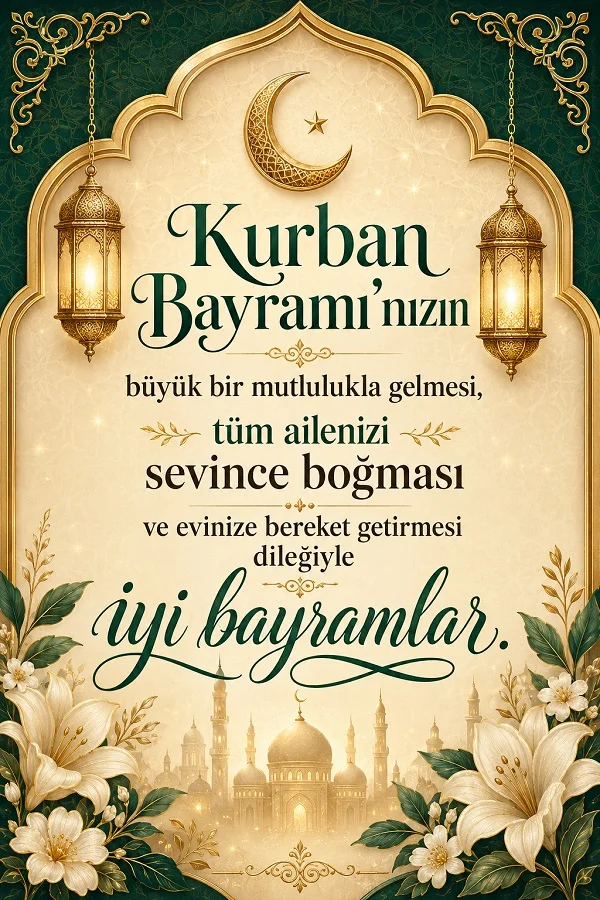 Altın fenerler ve çiçek süslemeleriyle hazırlanan görselde “Kurban Bayramı’nızın büyük bir mutlulukla gelmesi, tüm ailenizi sevince boğması ve evinize bereket getirmesi dileğiyle iyi bayramlar.” yazıyor.