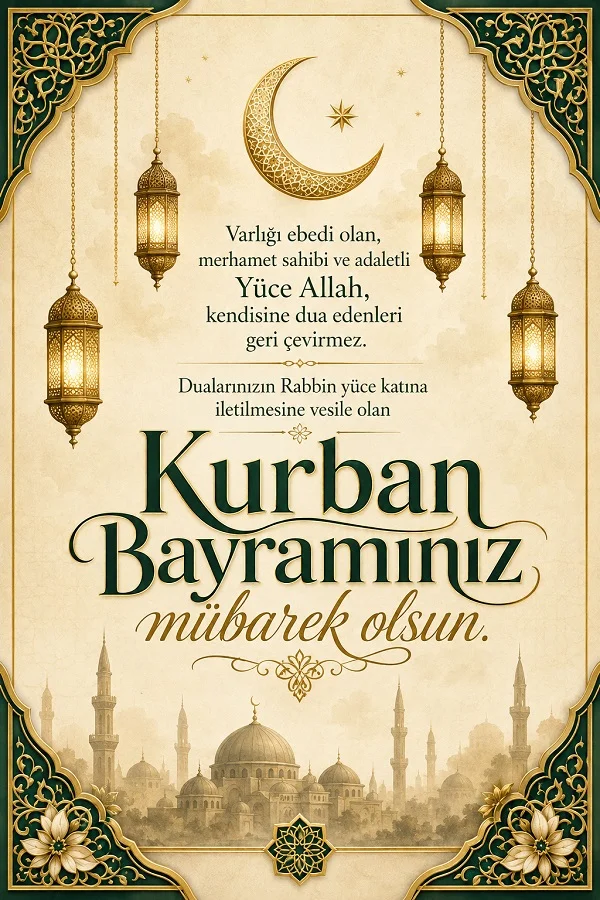 Hilal, dört altın fener ve cami silüeti bulunan tasarımda “Varlığı ebedi olan, merhamet sahibi ve adaletli Yüce Allah, kendisine dua edenleri geri çevirmez. Kurban Bayramınız mübarek olsun.” mesajı yer alıyor.