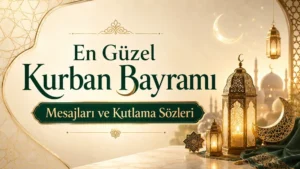 En Güzel Kurban Bayramı Mesajları ve Kutlama Sözleri başlıklı, kandiller, hilal ve cami silüetiyle süslenmiş zarif Kurban Bayramı kapak görseli.