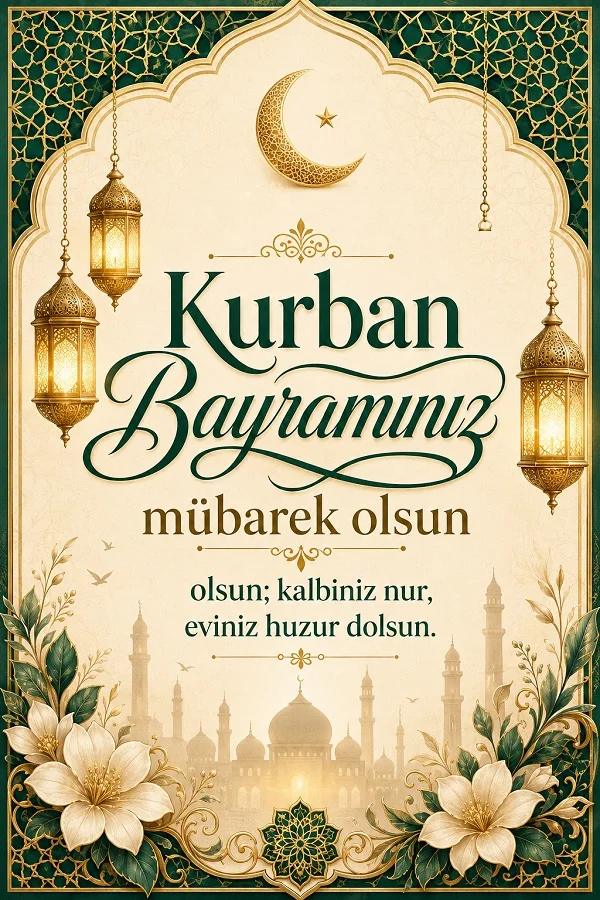 Hilal, altın fenerler, çiçekler ve cami silüetiyle süslenen kartta “Kurban Bayramınız mübarek olsun; kalbiniz nur, eviniz huzur dolsun.” yazılı bayram mesajı bulunuyor.