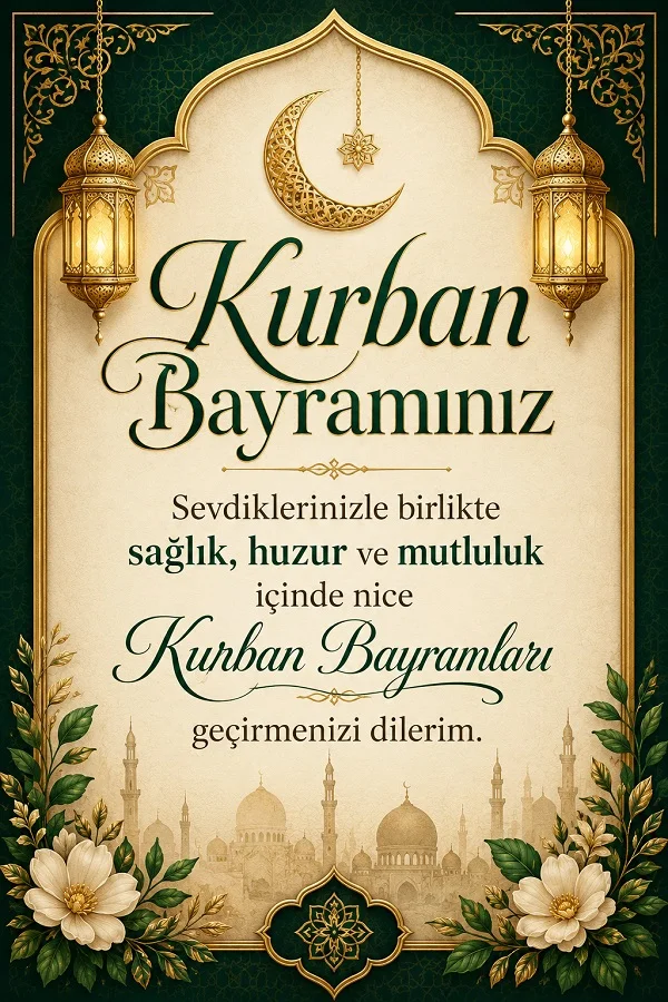 Fenerler, çiçekler ve cami silüeti bulunan tasarımda “Sevdiklerinizle birlikte sağlık, huzur ve mutluluk içinde nice Kurban Bayramları geçirmenizi dilerim.” yazısı yer alıyor.