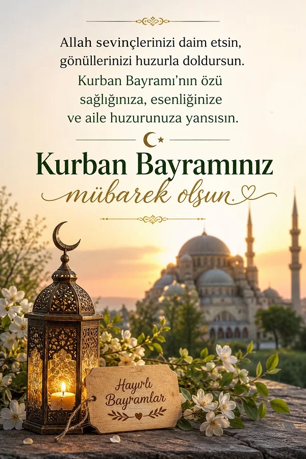 Fener, çiçekler ve gün batımında cami manzarası eşliğinde “Allah sevinçlerinizi daim etsin, gönüllerinizi huzurla doldursun. Kurban Bayramınız mübarek olsun.” yazılı bayram kartı.