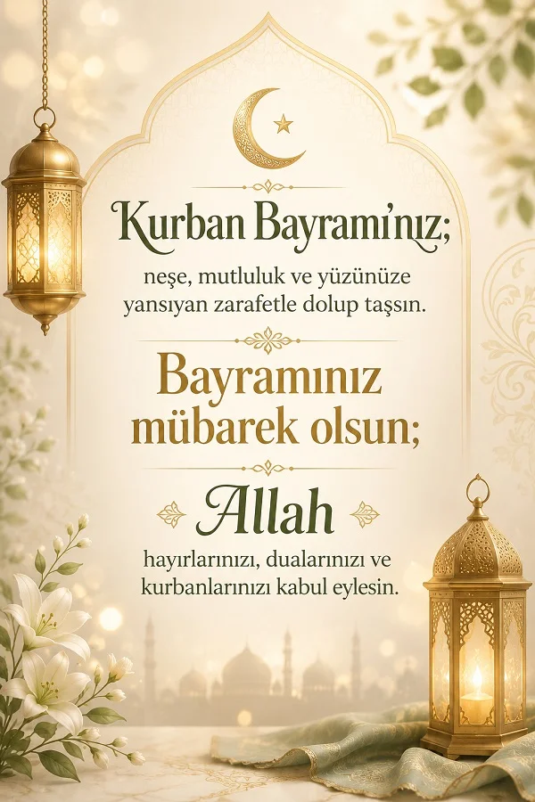 Altın fenerler, hilal motifi, beyaz çiçekler ve arka planda cami silüeti bulunan bayram tasarımında “Kurban Bayramınız; neşe, mutluluk ve yüzünüze yansıyan zarafetle dolup taşsın. Bayramınız mübarek olsun; Allah hayırlarınızı, dualarınızı ve kurbanlarınızı kabul eylesin.” mesajı yer alıyor.