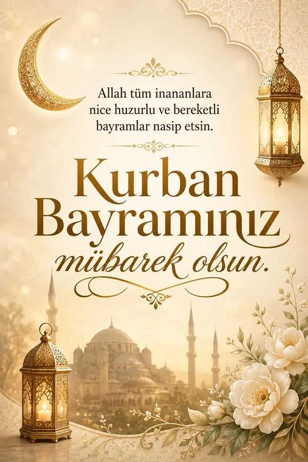 Hilal, altın fener, çiçek süslemeleri ve cami silüeti içeren bayram görselinde “Allah tüm inananlara nice huzurlu ve bereketli bayramlar nasip etsin. Kurban Bayramınız mübarek olsun.” mesajı yazıyor.
