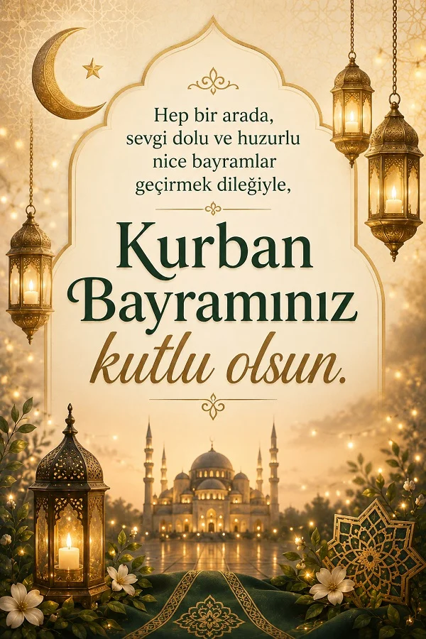 Altın fenerler, hilal ve cami görseli eşliğinde “Hep bir arada, sevgi dolu ve huzurlu nice bayramlar geçirmek dileğiyle, Kurban Bayramınız kutlu olsun.” yazılı Kurban Bayramı kartı.
