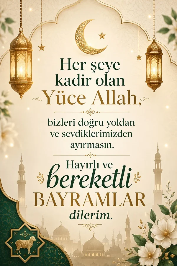 Hilal, fenerler ve çiçeklerle süslenmiş tasarım üzerinde “Her şeye kadir olan Yüce Allah, bizleri doğru yoldan ve sevdiklerimizden ayırmasın. Hayırlı ve bereketli bayramlar dilerim.” yazılı bayram mesajı.
