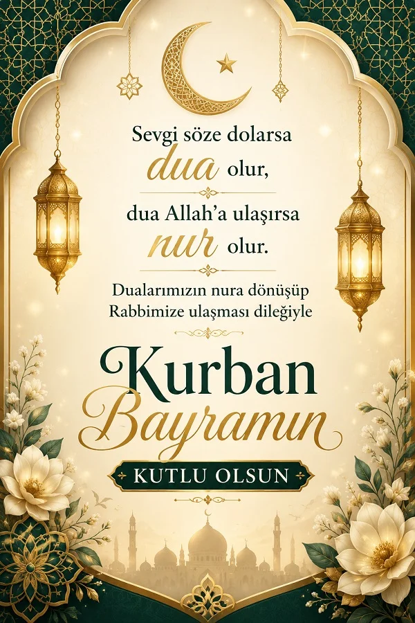 Altın fenerler ve çiçek motifleriyle hazırlanan kartta “Sevgi söze dolarsa dua olur, dua Allah’a ulaşırsa nur olur. Dualarımızın nura dönüşüp Rabbimize ulaşması dileğiyle Kurban Bayramın kutlu olsun.” yazısı yer alıyor.