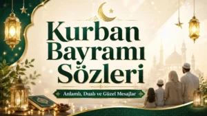 Kurban Bayramı Sözleri başlıklı, kandiller, hilal, cami silüeti, Kur’an-ı Kerim ve aile figürüyle hazırlanmış anlamlı ve dualı bayram kapak tasarımı.
