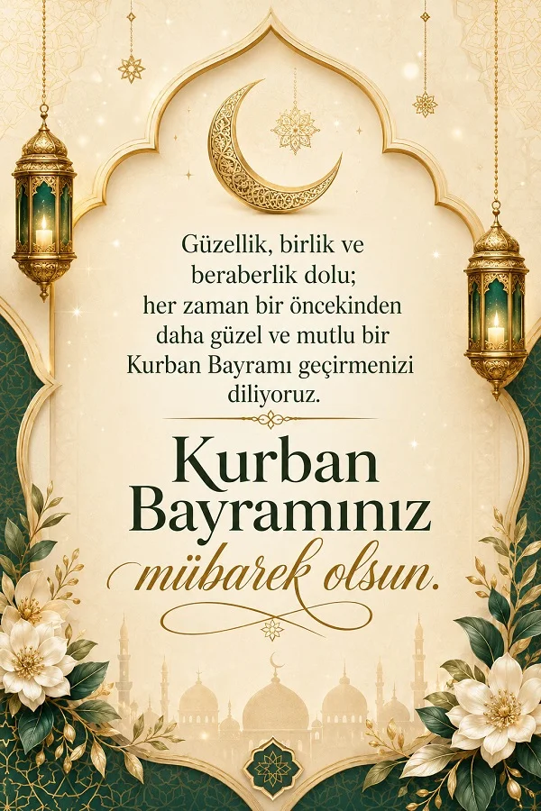 Hilal, fenerler ve çiçek detayları bulunan tasarımda “Güzellik, birlik ve beraberlik dolu; her zaman bir öncekinden daha güzel ve mutlu bir Kurban Bayramı geçirmenizi diliyoruz. Kurban Bayramınız mübarek olsun.” yazıyor.