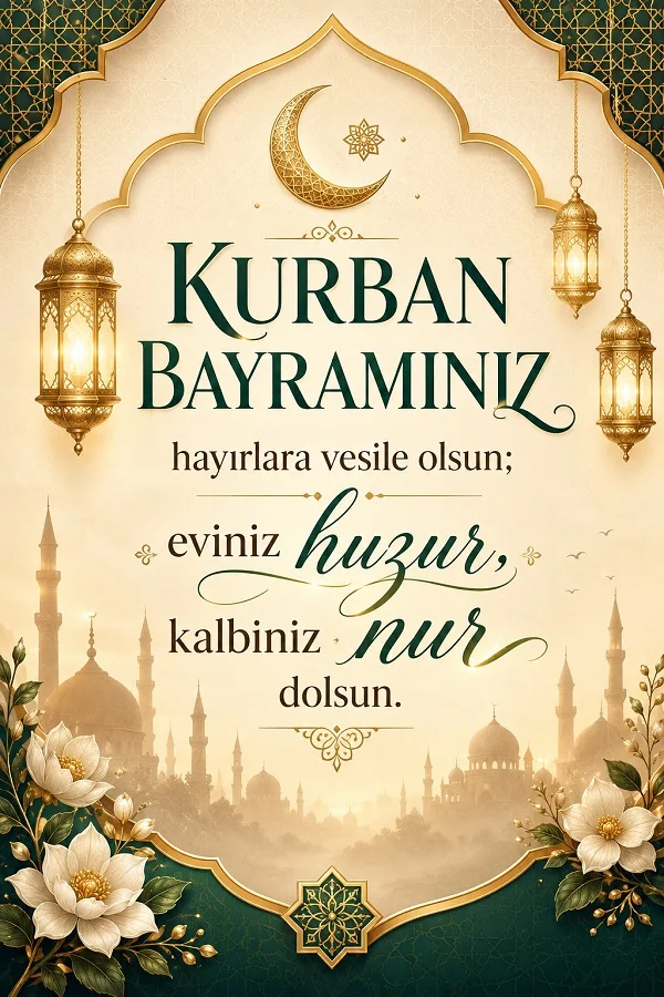 Fenerler, hilal ve çiçeklerle çevrili kartta “Kurban Bayramınız hayırlara vesile olsun; eviniz huzur, kalbiniz nur dolsun.” yazılı bayram kutlaması.