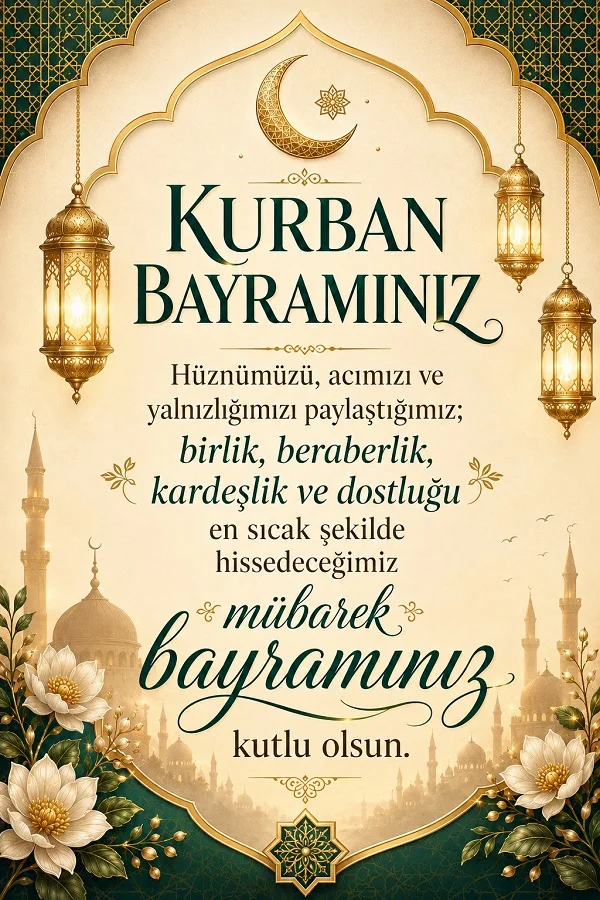İslami motiflerle süslenmiş tasarımda “Hüznümüzü, acımızı ve yalnızlığımızı paylaştığımız; birlik, beraberlik, kardeşlik ve dostluğu en sıcak şekilde hissedeceğimiz mübarek bayramınız kutlu olsun.” mesajı bulunuyor.