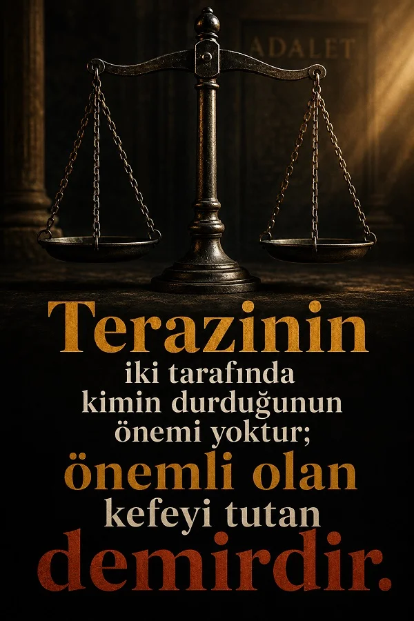 Adalet terazisinin yer aldığı karanlık bir arka planda “Terazinin iki tarafında kimin durduğunun önemi yoktur; önemli olan kefeyi tutan demirdir.” sözü yer alıyor.