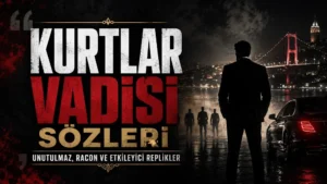 Karanlık şehir manzarası, takım elbiseli erkek silüetleri, lüks araç ve kırmızı-siyah tonlarla hazırlanmış “Kurtlar Vadisi Sözleri” kapak görseli.