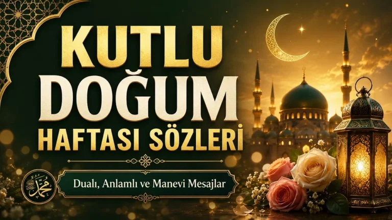 Hilal, cami, kandil ve gül detaylarıyla hazırlanmış, “Kutlu Doğum Haftası Sözleri” başlıklı manevi temalı kapak görseli.
