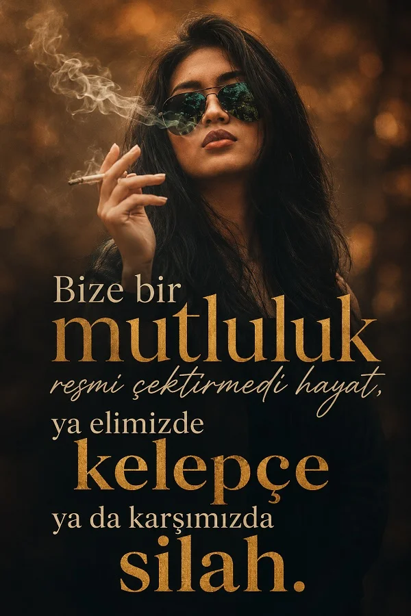 Koyu arka plan önünde sigara tutan, güneş gözlüklü bir kadın figürüyle birlikte “Bize bir mutluluk resmi çektirmedi hayat, ya elimizde kelepçe ya da karşımızda silah.” sözü yer alıyor.