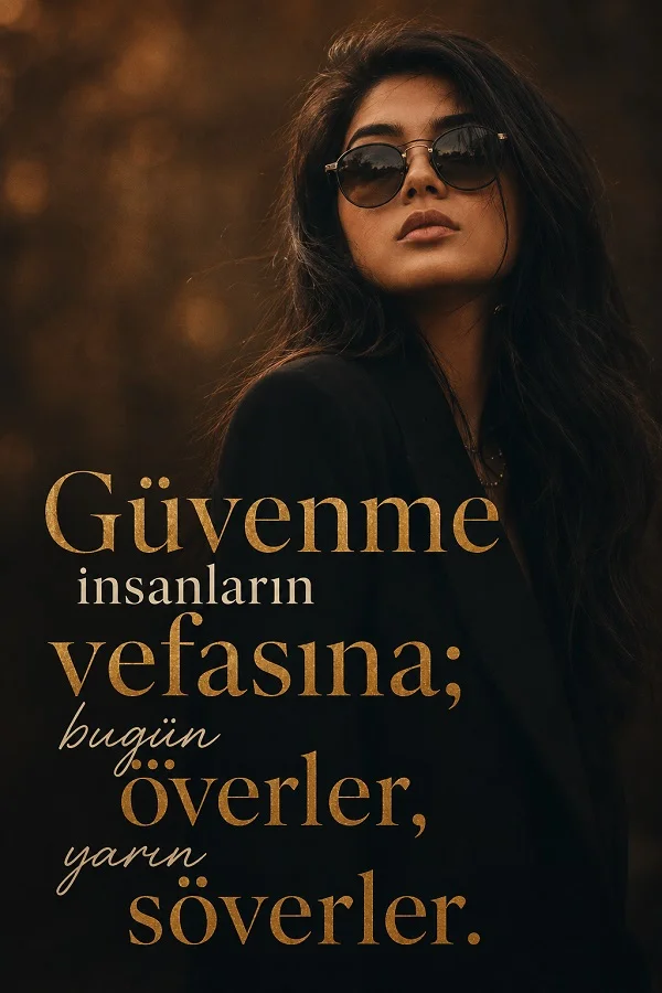 Koyu tonlu fonda güneş gözlüklü bir kadın figürünün yanında “Güvenme insanların vefasına; bugün överler, yarın söverler.” sözü yazıyor.