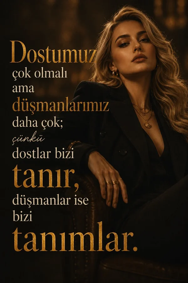 Koltukta oturan sarışın bir kadın figürünün yanında “Dostumuz çok olmalı ama düşmanlarımız daha çok; çünkü dostlar bizi tanır, düşmanlar ise bizi tanımlar.” sözü yer alıyor.