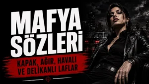 Mafya Sözleri başlıklı, siyah kırmızı tonlarda, şehir arka planı ve güçlü kadın figürüyle hazırlanmış modern kapak görseli.