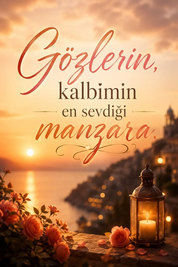 Gün batımı deniz manzarası, çiçekler ve fener ışığı eşliğinde “Gözlerin, kalbimin en sevdiği manzara” sözünün bulunduğu romantik söz tasarımı.