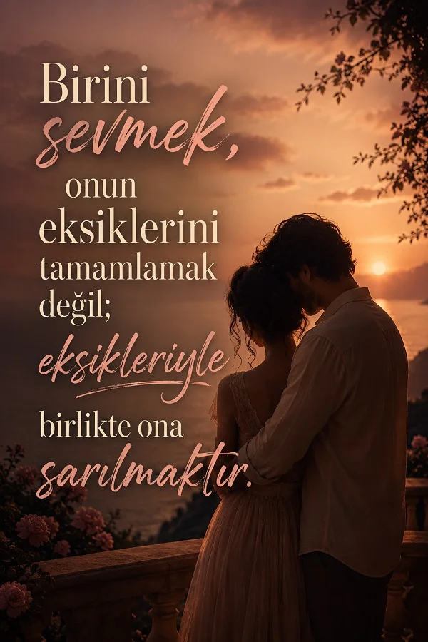 Gün batımında sarılan bir çiftin yanında “Birini sevmek, onun eksiklerini tamamlamak değil; eksikleriyle birlikte ona sarılmaktır” sözünün yer aldığı romantik tasarım.