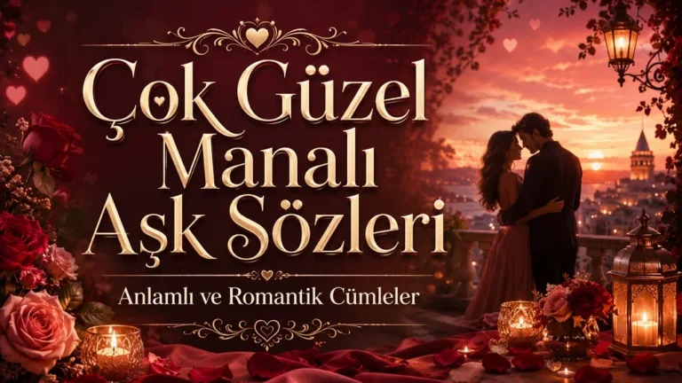 Romantik gün batımı manzarasında birbirine sarılan çift silüeti, kırmızı güller, mum ışıkları, fener ve “Çok Güzel Manalı Aşk Sözleri” başlığı ile “Anlamlı ve Romantik Cümleler” alt yazısı bulunan kapak görseli.