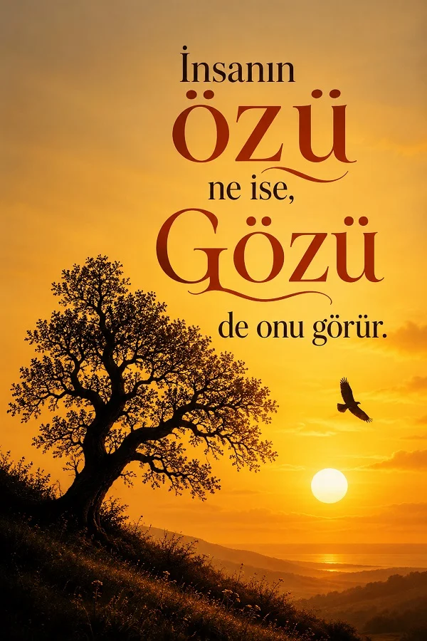 Gün batımında tepe üzerindeki ağacın ve gökyüzünde uçan bir kuşun yer aldığı görselde “İnsanın özü ne ise, gözü de onu görür.” sözü yazıyor.