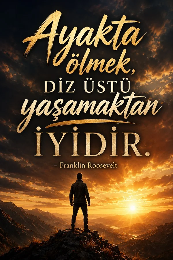 Gün doğumunda dağ zirvesinde ayakta duran bir insan siluetinin bulunduğu görselde “Ayakta ölmek, diz üstü yaşamaktan iyidir.” sözü ve Franklin Roosevelt adı yer alıyor.