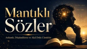 Koyu arka plan, düşünce içindeki insan silüeti, açık kitap ve altın ışık efektleriyle hazırlanmış “Mantıklı Sözler: Anlamlı, Düşündüren ve Akıl Dolu Cümleler” başlıklı modern kapak görseli.