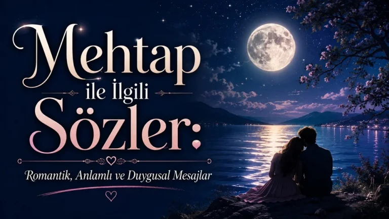 Yıldızlı gece gökyüzü ve dolunay ışığı altında göl kenarında oturan romantik bir çiftin yer aldığı yatay kapak görselinde, sol tarafta “Mehtap ile ilgili Sözler” başlığı ve “Romantik, Anlamlı ve Duygusal Mesajlar” alt metni bulunuyor.