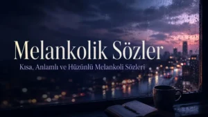 Yağmurlu bir camın ardından görünen gece şehir ışıkları, defter ve kahve eşliğinde Melankolik Sözler başlıklı hüzünlü kapak tasarımı.