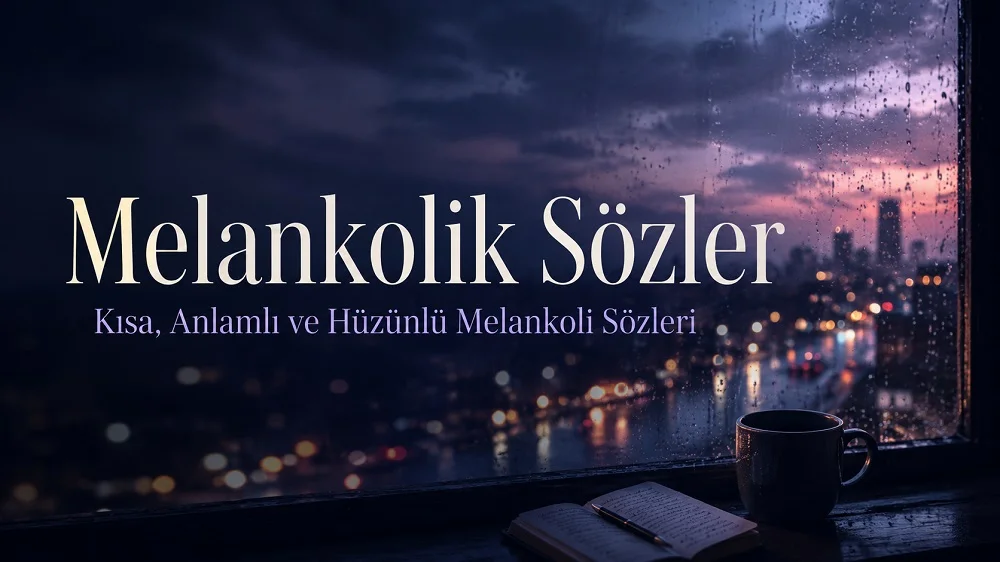 Yağmurlu bir camın ardından görünen gece şehir ışıkları, defter ve kahve eşliğinde Melankolik Sözler başlıklı hüzünlü kapak tasarımı.