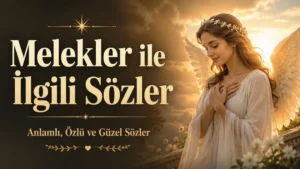 Altın ışıklı gökyüzü önünde kanatlı melek figürü ve Melekler ile İlgili Sözler başlığı bulunan manevi blog kapak görseli.