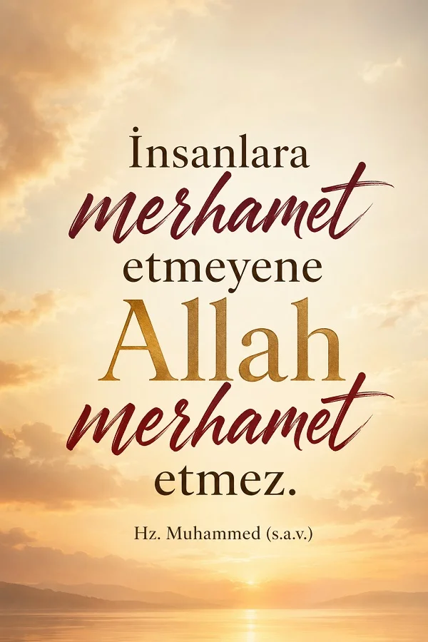 Gün batımı ve sakin göl manzarası üzerinde “İnsanlara merhamet etmeyene Allah merhamet etmez. Hz. Muhammed (s.a.v.)” sözü yer alıyor.