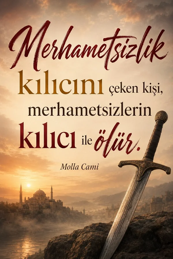 Kılıç ve gün batımı manzarası eşliğinde “Merhametsizlik kılıcını çeken kişi, merhametsizlerin kılıcı ile ölür. Molla Cami” sözü yer alıyor.