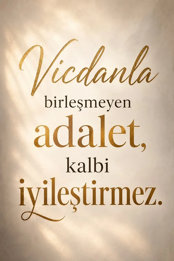 Açık renkli sade arka plan üzerinde “Vicdanla birleşmeyen adalet, kalbi iyileştirmez.” sözü yazılıdır.