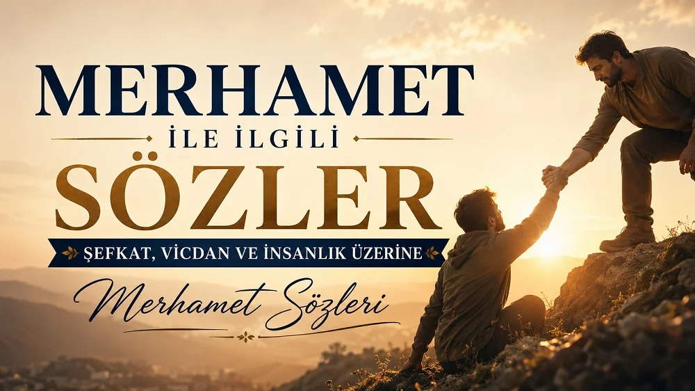 Gün ışığı altında bir kişiye yardım eli uzatan insan figürü ve büyük tipografiyle hazırlanmış “Merhamet ile İlgili Sözler: Şefkat, Vicdan ve İnsanlık Üzerine” başlıklı modern kapak görseli.