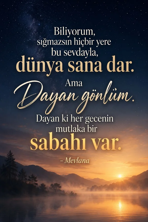 Yıldızlı gökyüzü ve gün doğumunun yansıdığı sakin göl manzarası üzerinde “Biliyorum, sığmazsın hiçbir yere bu sevdayla, dünya sana dar. Ama dayan gönlüm. Dayan ki her gecenin mutlaka bir sabahı var. - Mevlana” sözü yer alıyor.