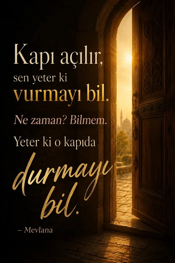 Gün ışığının vurduğu açık bir ahşap kapı önünde “Kapı açılır, sen yeter ki vurmayı bil. Ne zaman? Bilmem. Yeter ki o kapıda durmayı bil. - Mevlana” sözü yer alıyor.