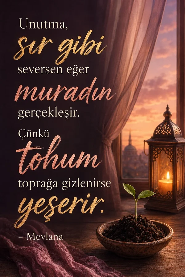 Pencere kenarında kandil ve saksı toprağından çıkan küçük filizle hazırlanan tasarımda “Unutma, sır gibi seversen eğer muradın gerçekleşir. Çünkü tohum toprağa gizlenirse yeşerir. - Mevlana” sözü bulunuyor.