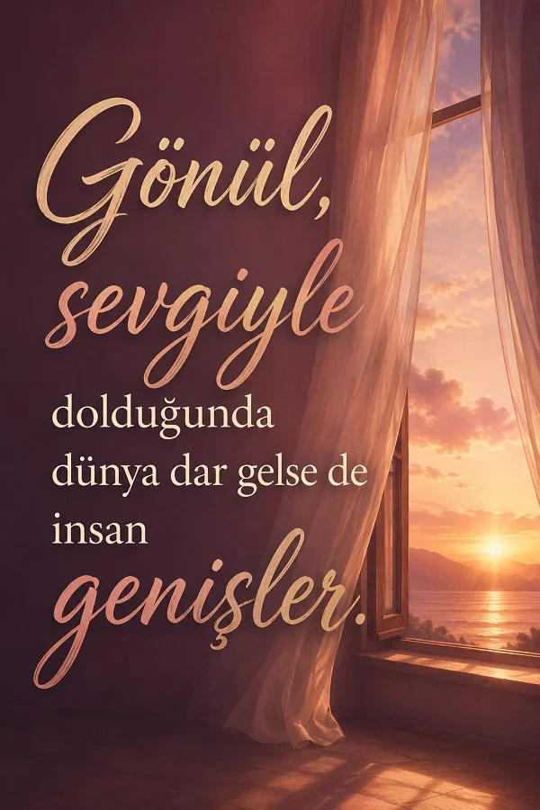 Açık pencere ve gün batımı manzarasının bulunduğu yumuşak tonlu tasarımda “Gönül, sevgiyle dolduğunda dünya dar gelse de insan genişler.” sözü yer alıyor.