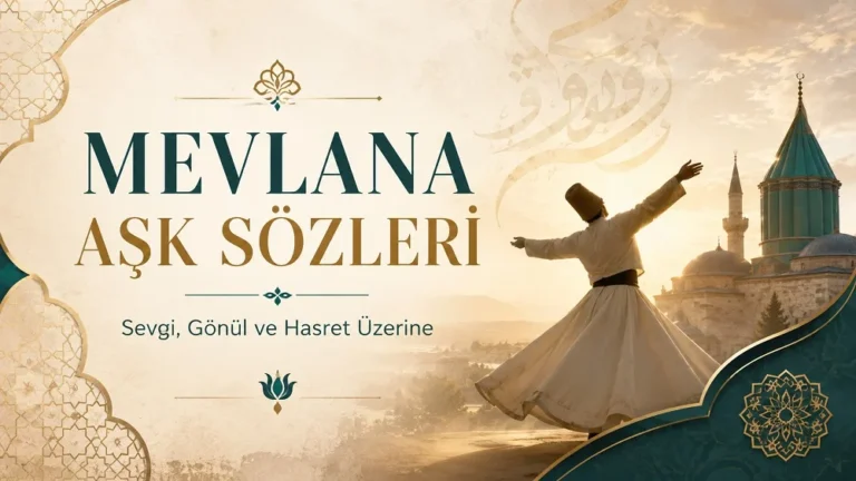 Sema yapan derviş, Mevlana Türbesi silüeti ve zarif İslami desenlerle hazırlanmış “Mevlana Aşk Sözleri: Sevgi, Gönül ve Hasret Üzerine” başlıklı modern kapak görseli.