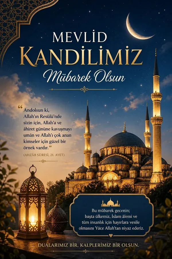 Mevlid Kandili temalı cami ve kandil ışıklarıyla hazırlanmış kutlama görseli.