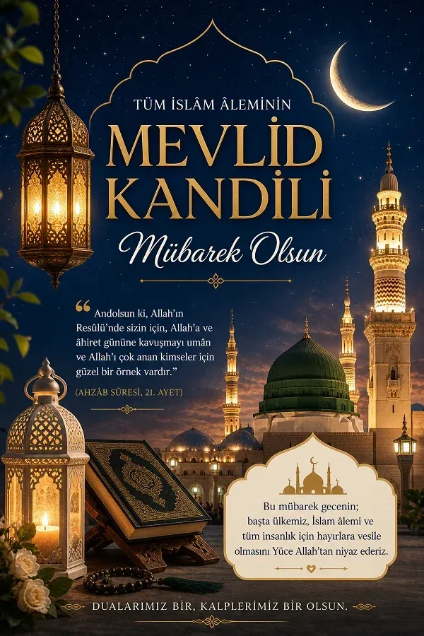 Kur’an ve cami görselleriyle hazırlanmış Mevlid Kandili kutlama mesajı.