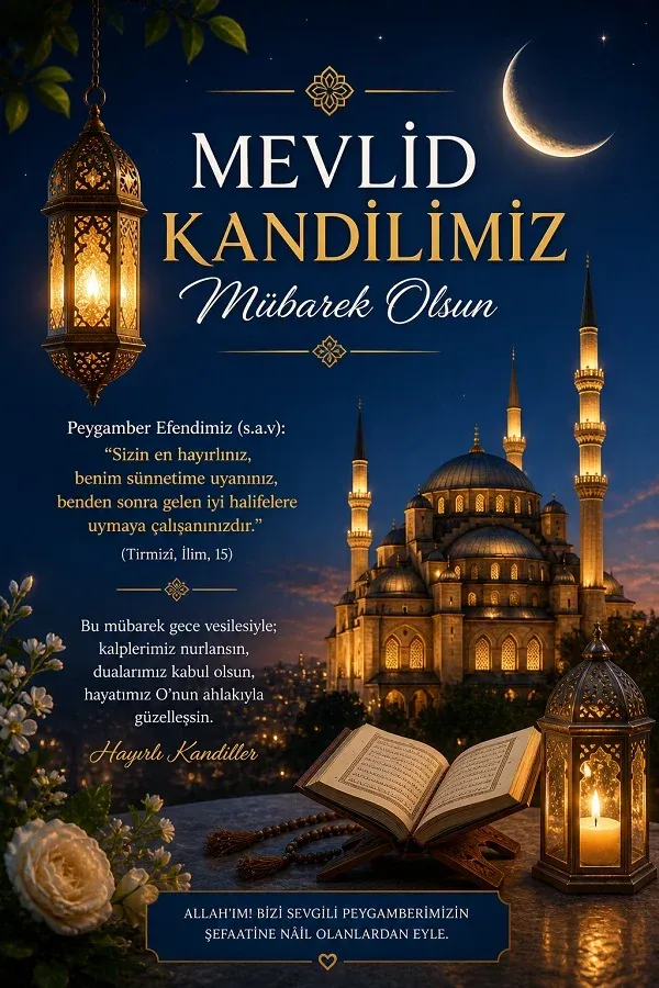Cami ve kandil ışıklarıyla hazırlanmış dini içerikli Mevlid Kandili görseli.